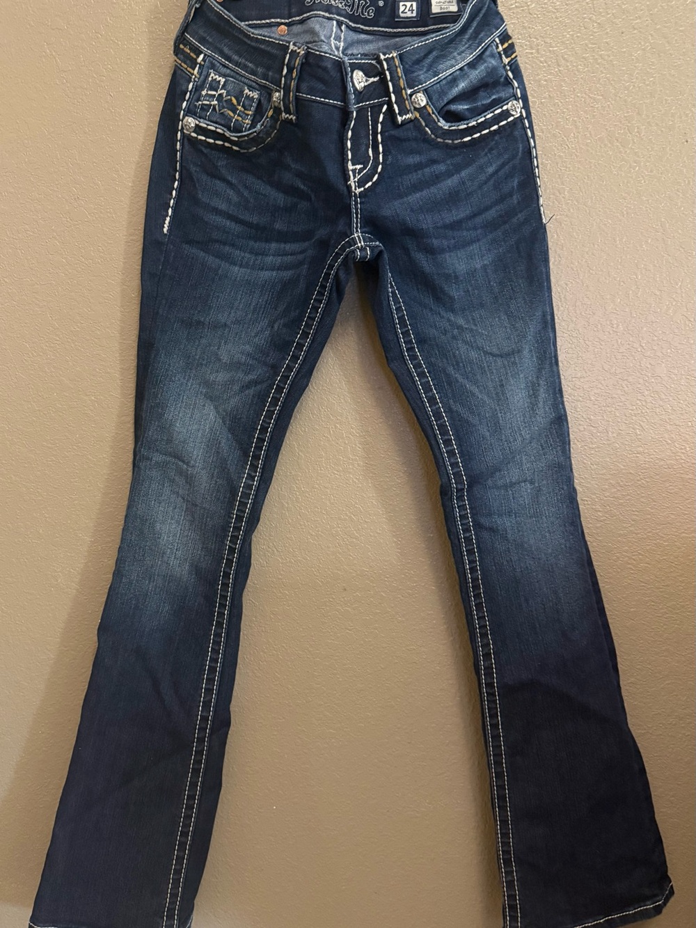 Miss Me Dark Blue Flare Jeans with White Stitching